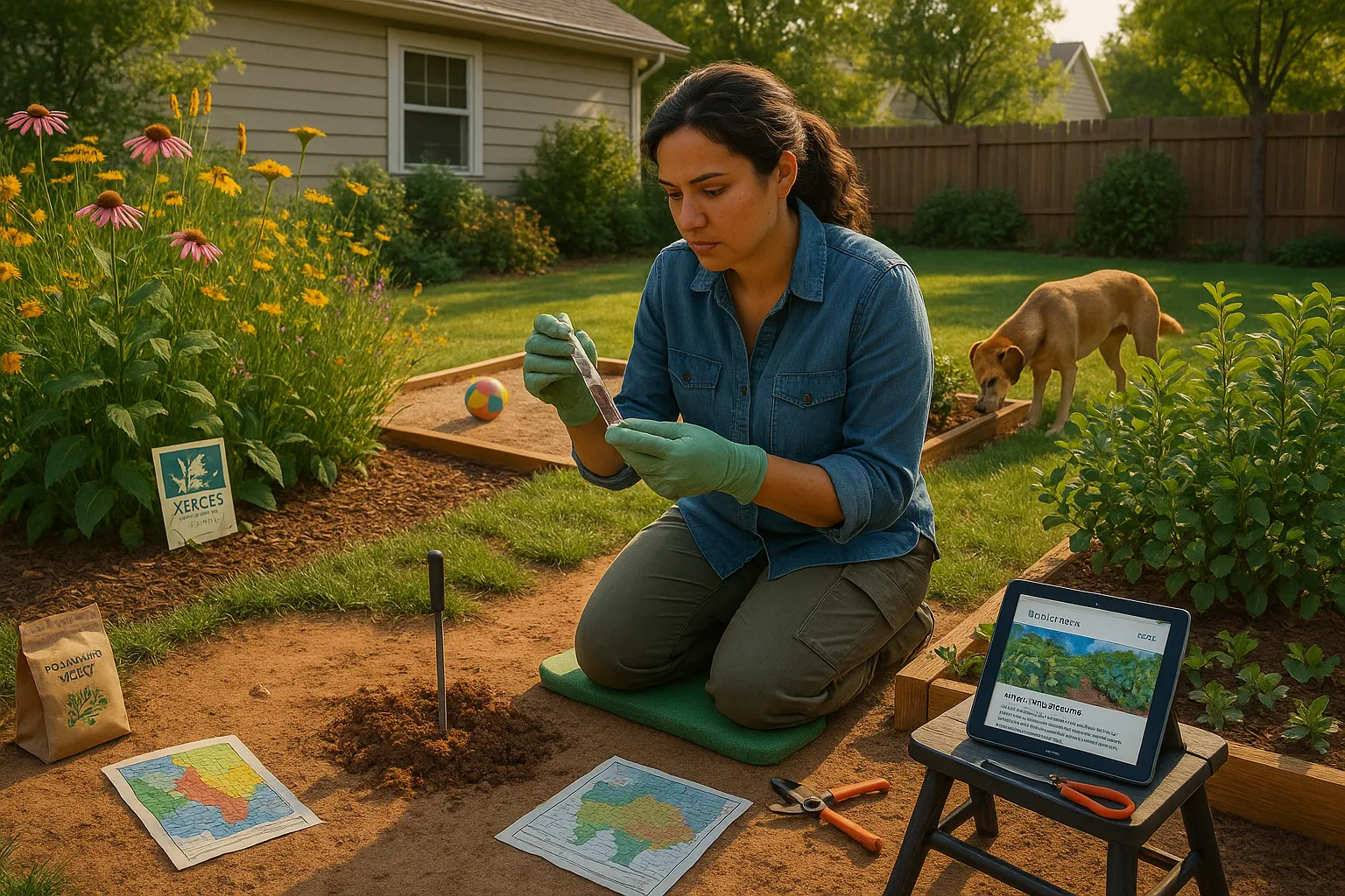 Homeowner testing soil in backyard with pollinator meadow and fruit bushes.