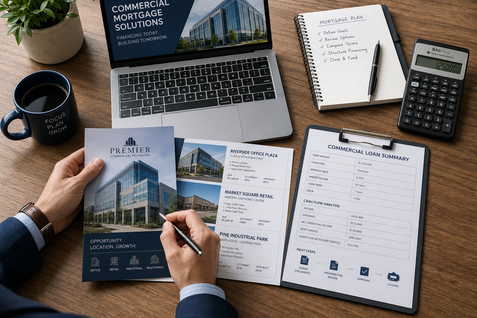 Commercial Mortgage Brokers Blackpool for Purchase and Refinance 13 Overhead view of commercial mortgage planning documents and laptop on an office desk.