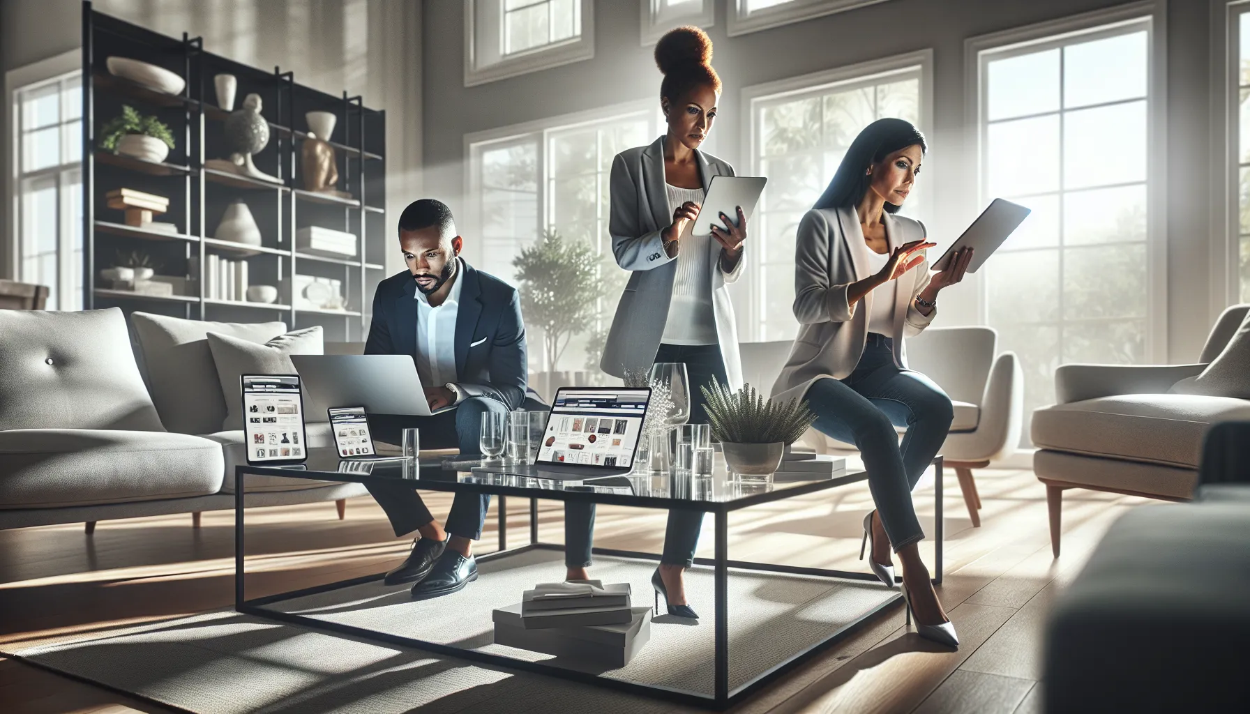 diverse team discussing e-commerce in a modern home setting.