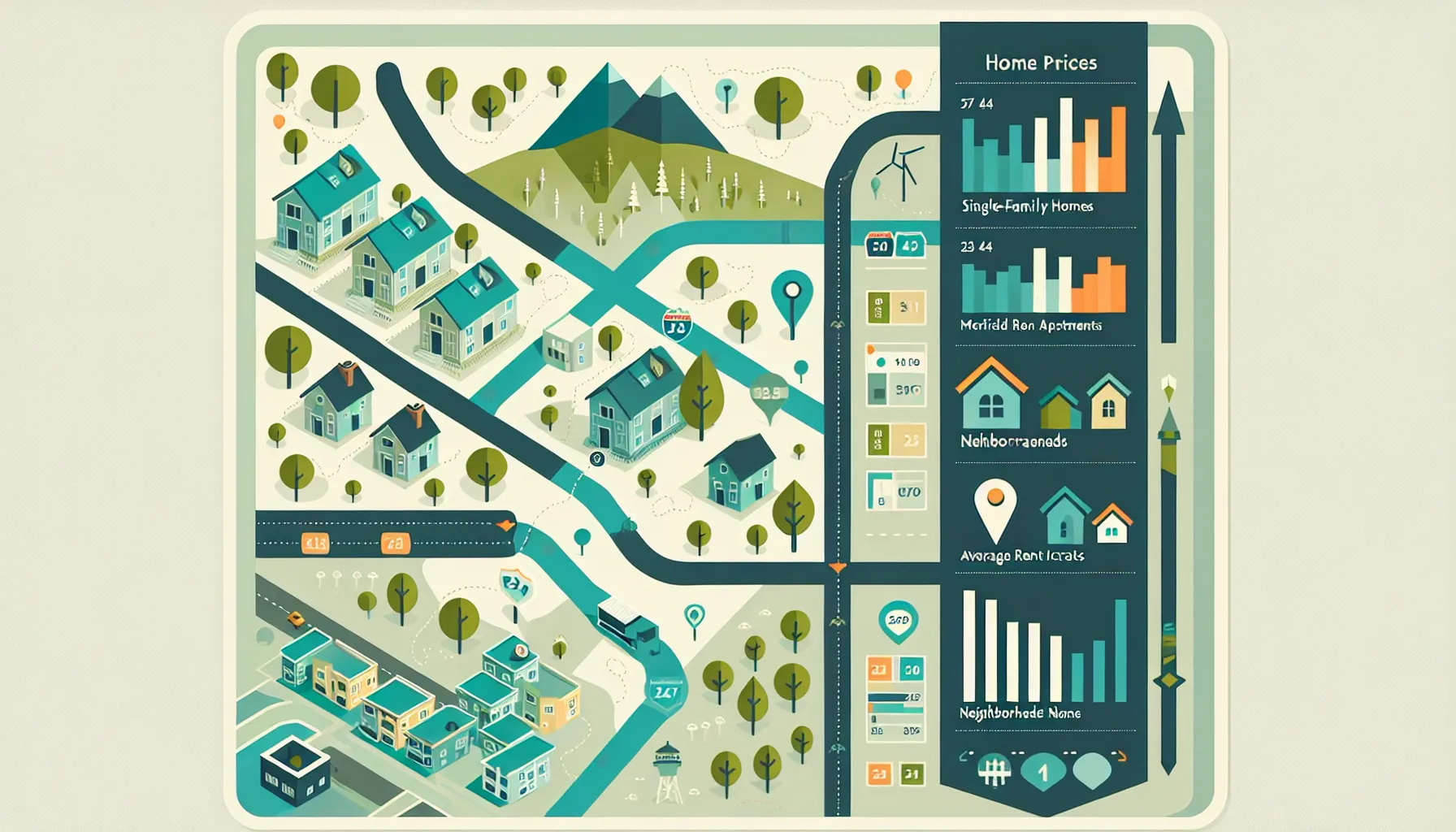 map-style infographic of Pleasant Hill housing types and price trends