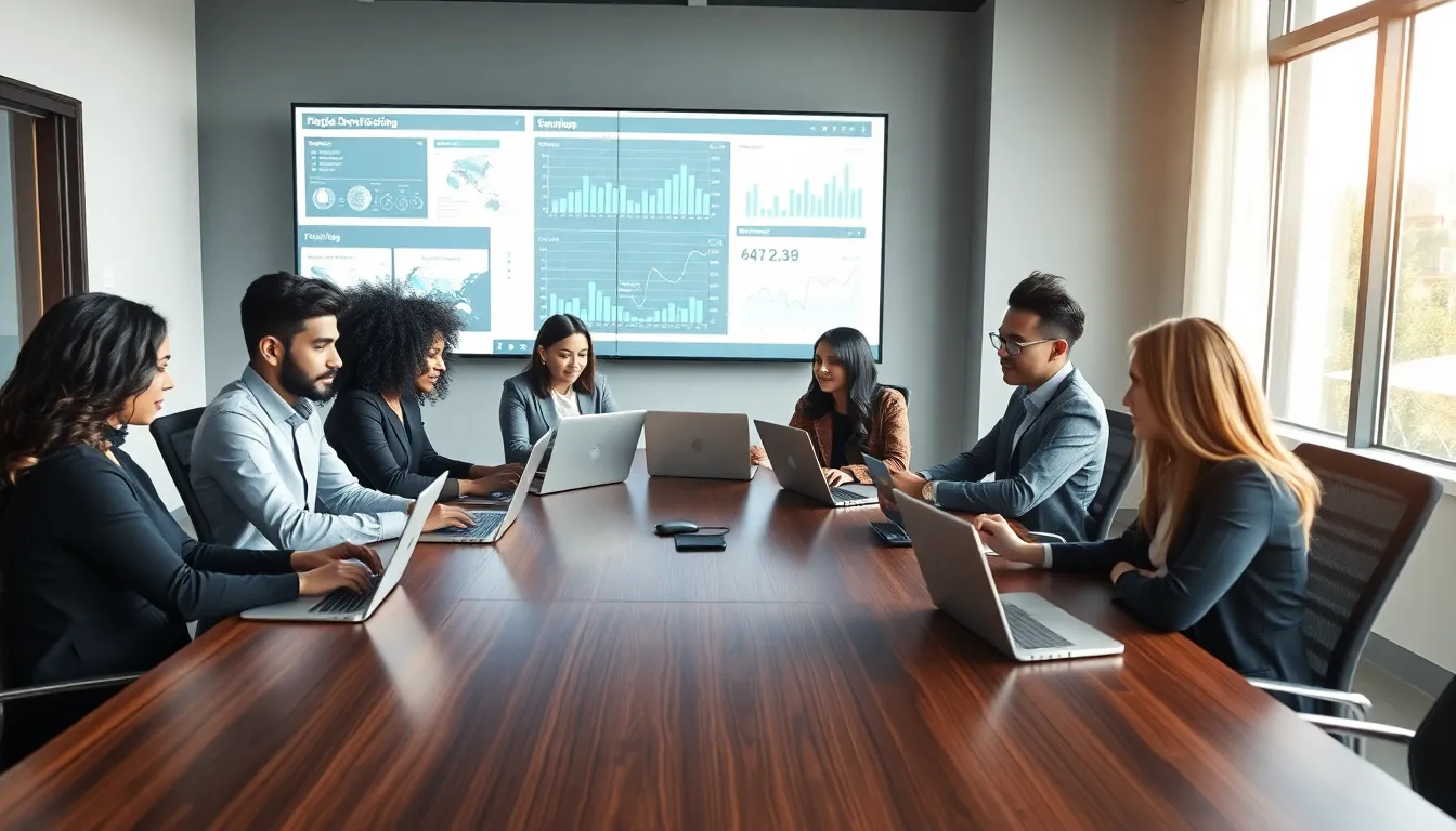 diverse team discussing data and technology in a modern office.
