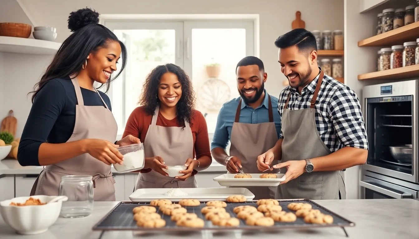 diverse team baking cookies in a modern kitchen.