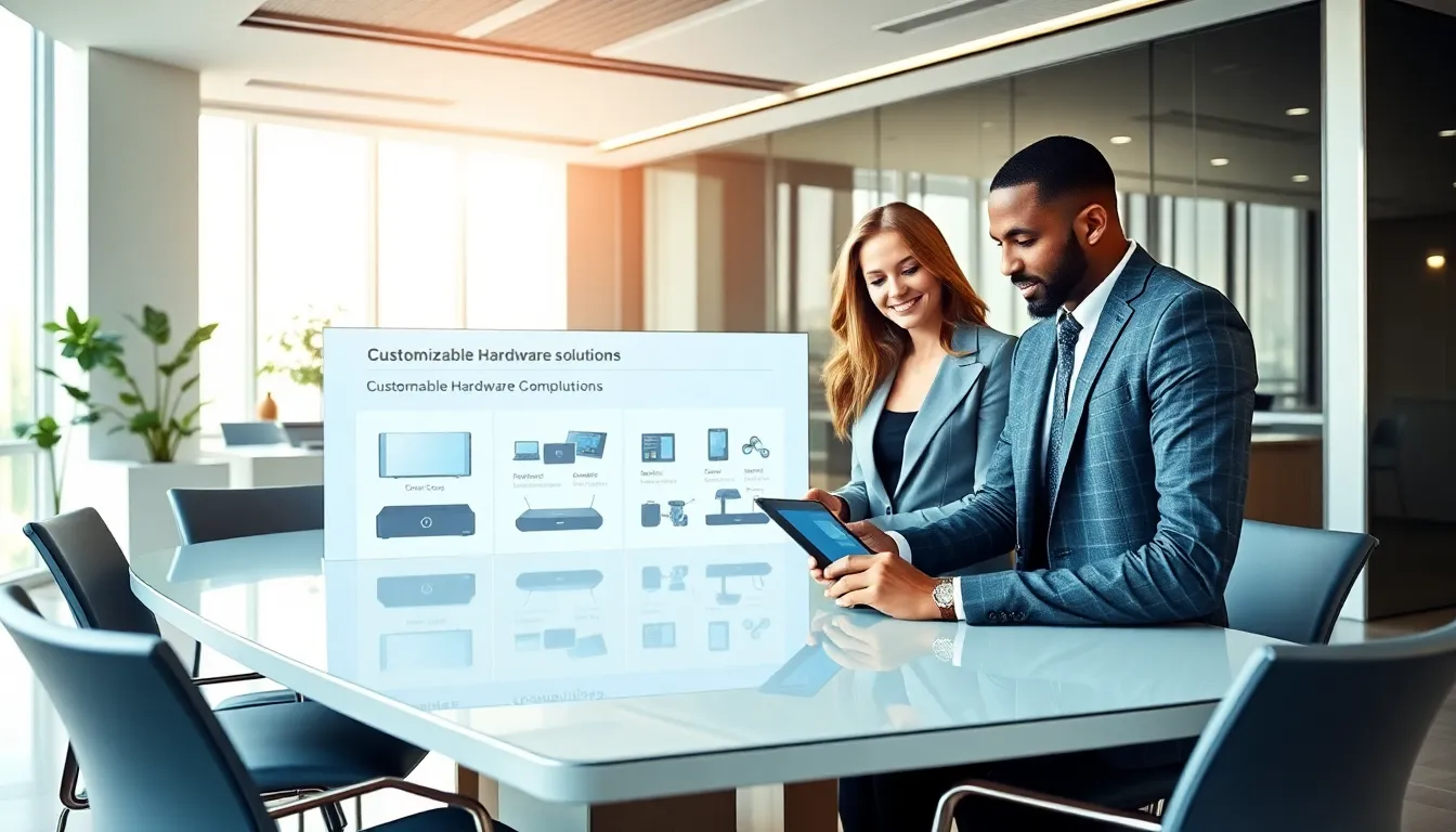 professionals collaborating over customizable hardware solutions in a modern office.