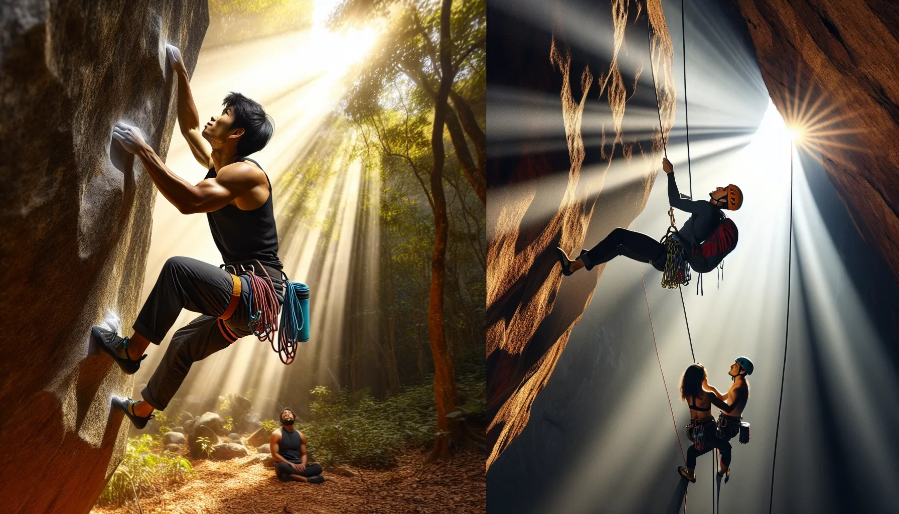 Climbers bouldering on rocks and scaling a cliff with equipment outdoors.