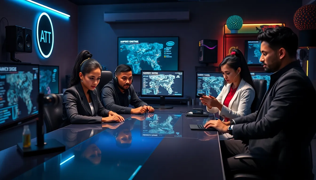 diverse team of gamers collaborating in a high-tech gaming environment.