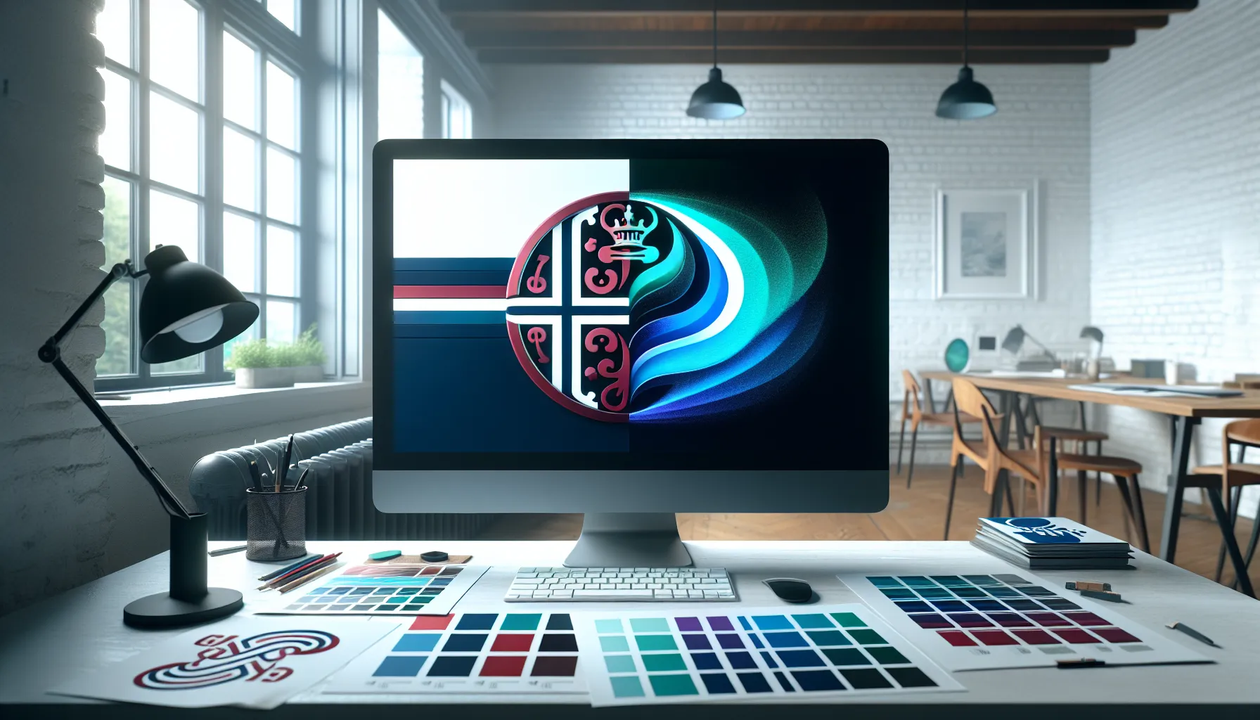 Norwegian designer refining a logo that merges traditional shield and modern abstract form.