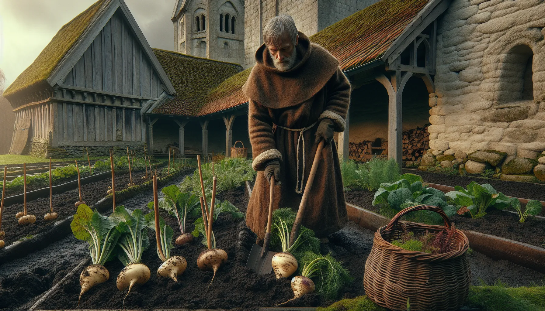 Medieval norwegian monk harvesting root vegetables in a monastery garden, autumn.