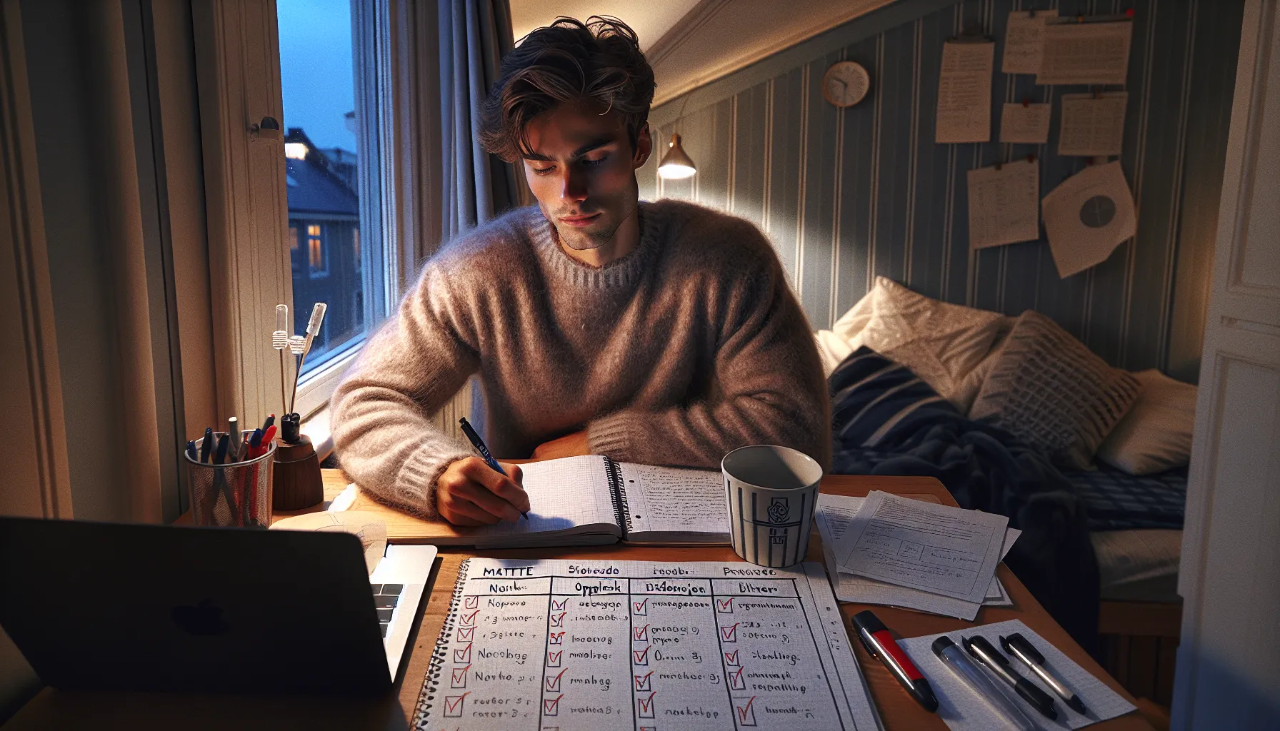 Hvordan balansere studier og fritid uten å gå på kompromiss med resultatene 2 Norwegian student self-testing with flashcards and a weekly study plan at dusk.