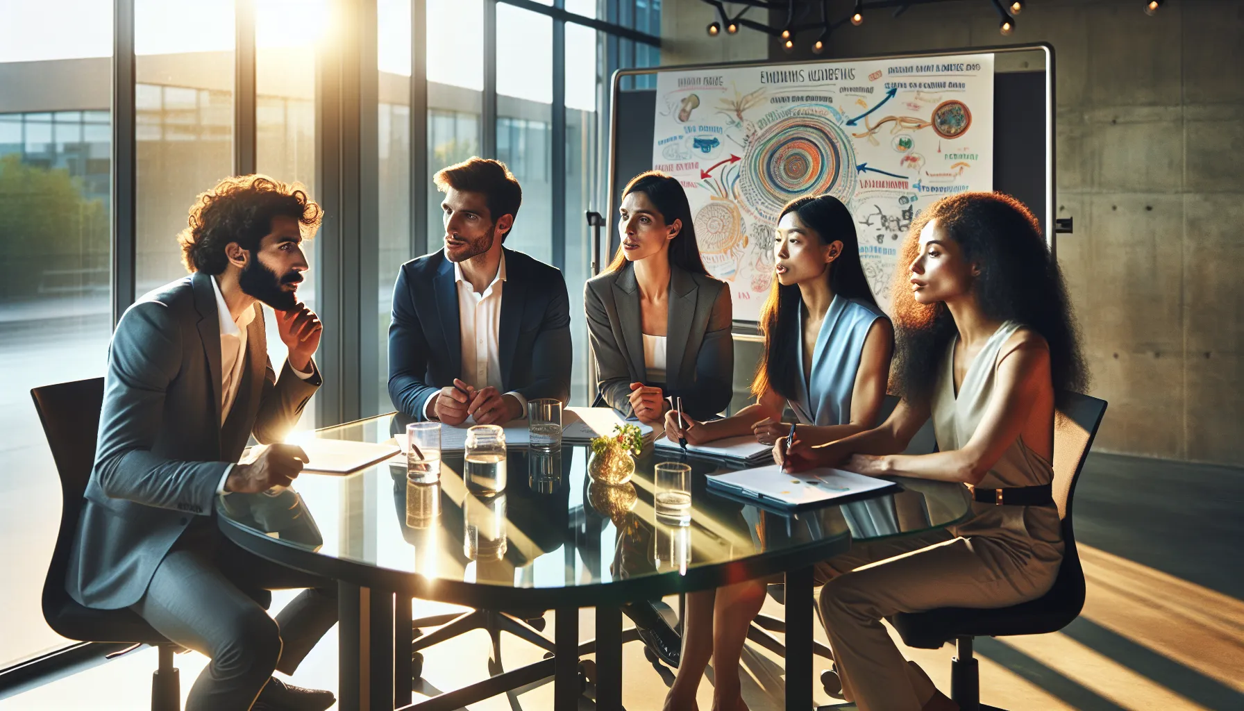 diverse professionals discussing rjbyvfhrtnrfg in a modern conference room.