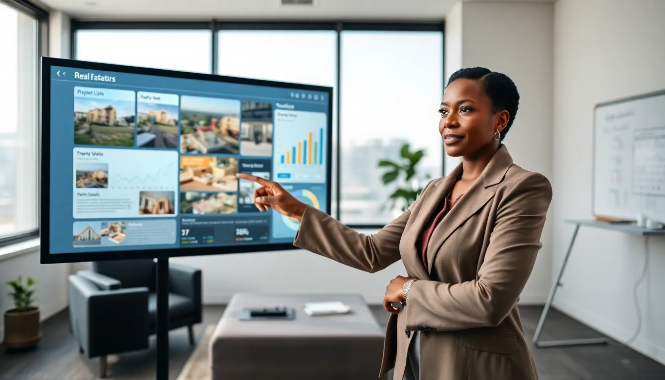 a woman using technology to analyze real estate data in a modern office.
