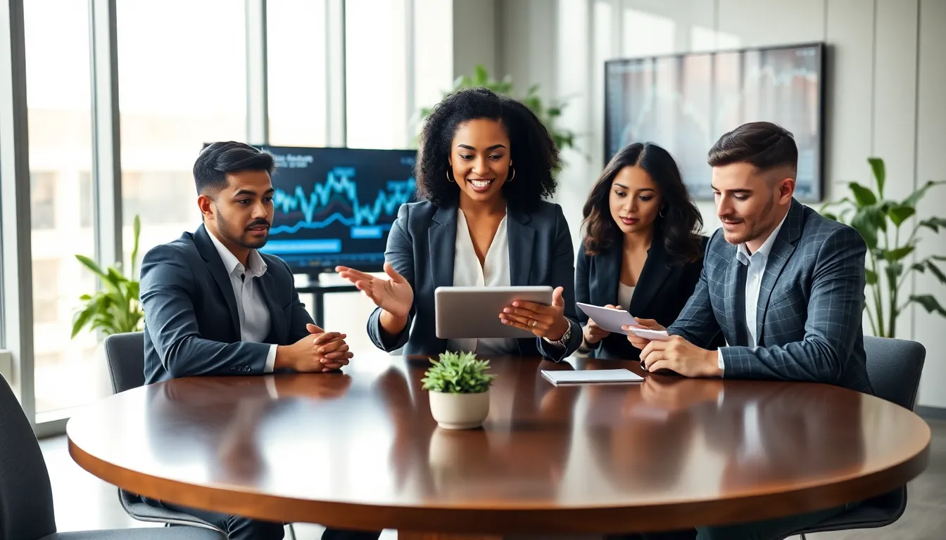 A diverse group collaborates in a modern office to discuss cryptocurrency.