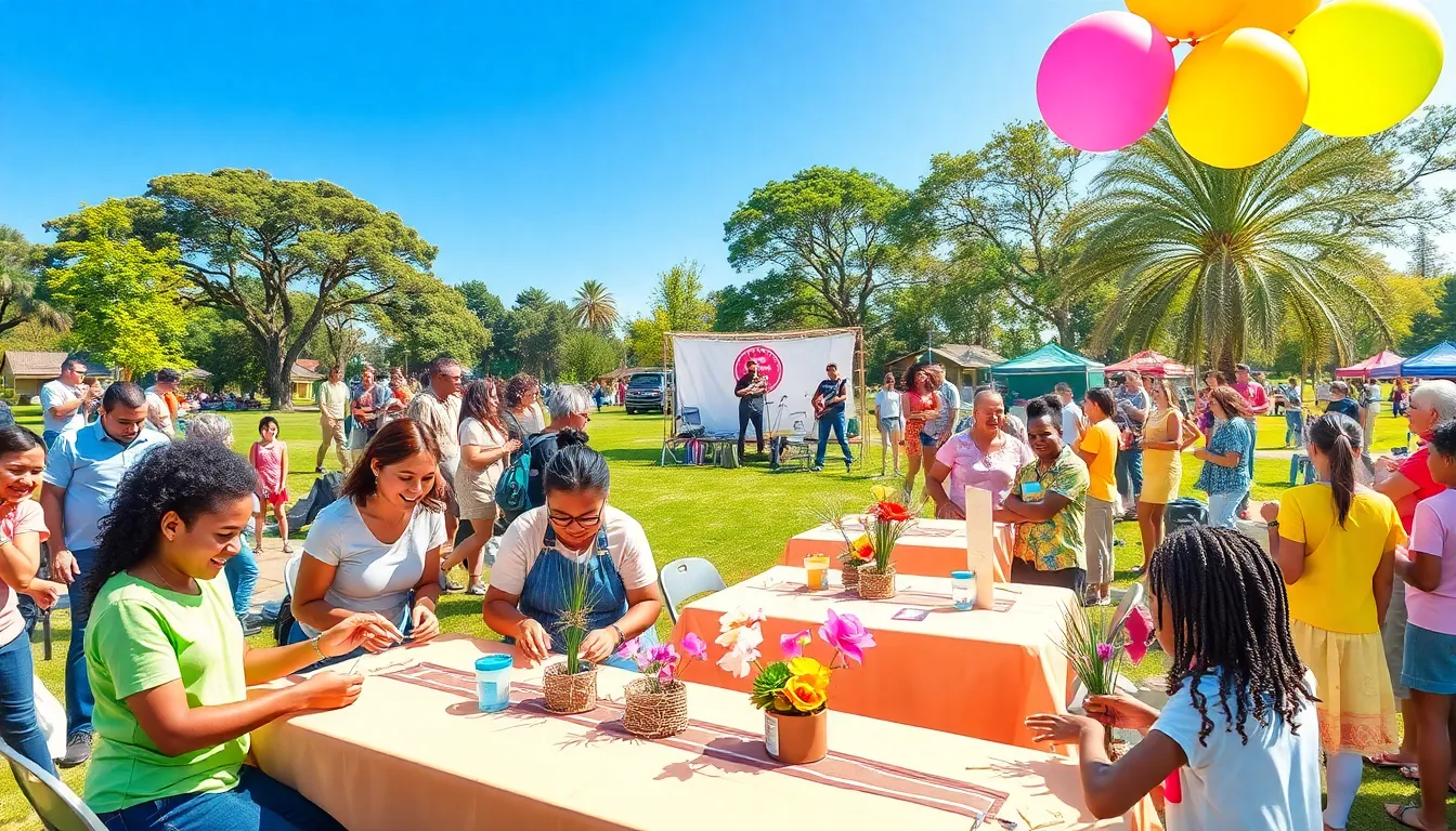 community event showcasing crafts and local entertainment in a park.