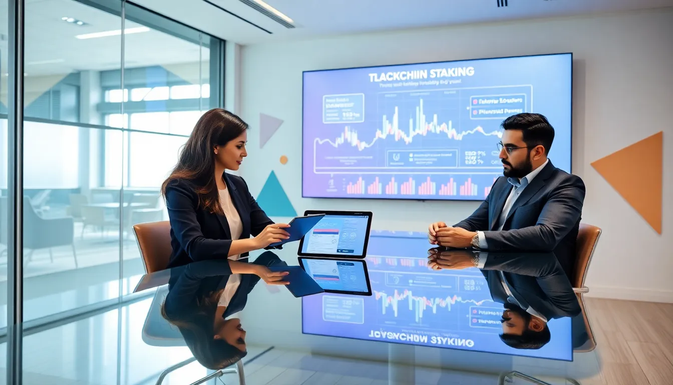 diverse professionals discussing blockchain staking in a modern office.