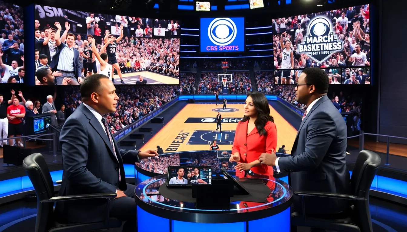 broadcasters discussing NCAA basketball highlights in a modern studio.