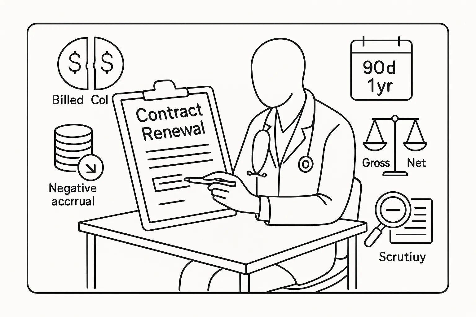 Veterinarian examining a contract clipboard with pay and chargeback icons.