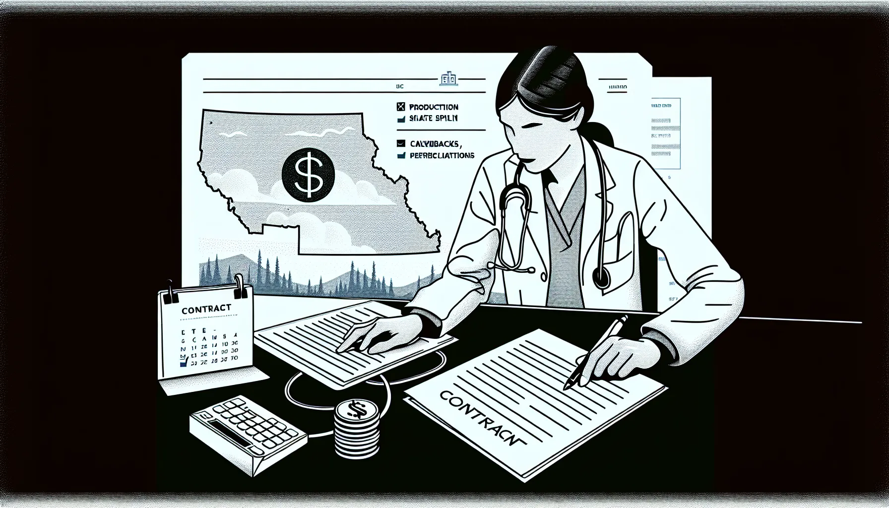 Veterinarian reviewing a contract with financial icons and Montana outline.
