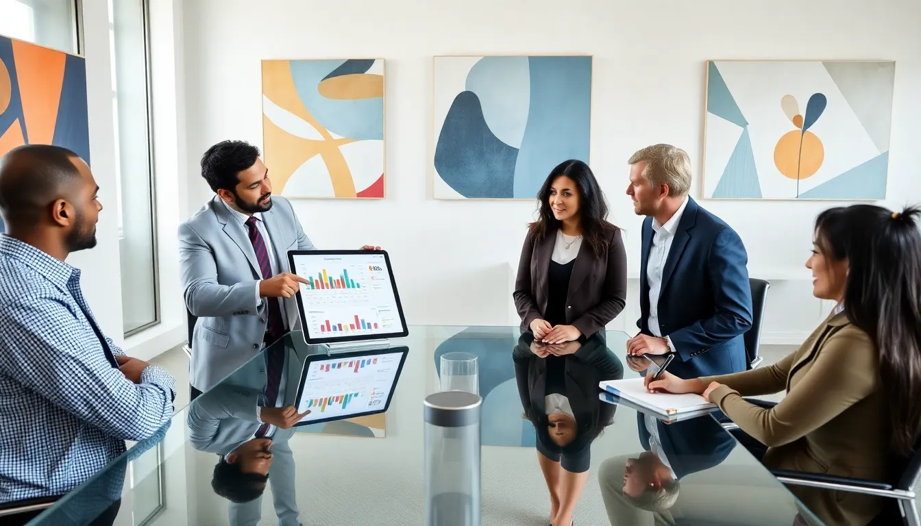diverse professionals discussing college rankings in a modern office.