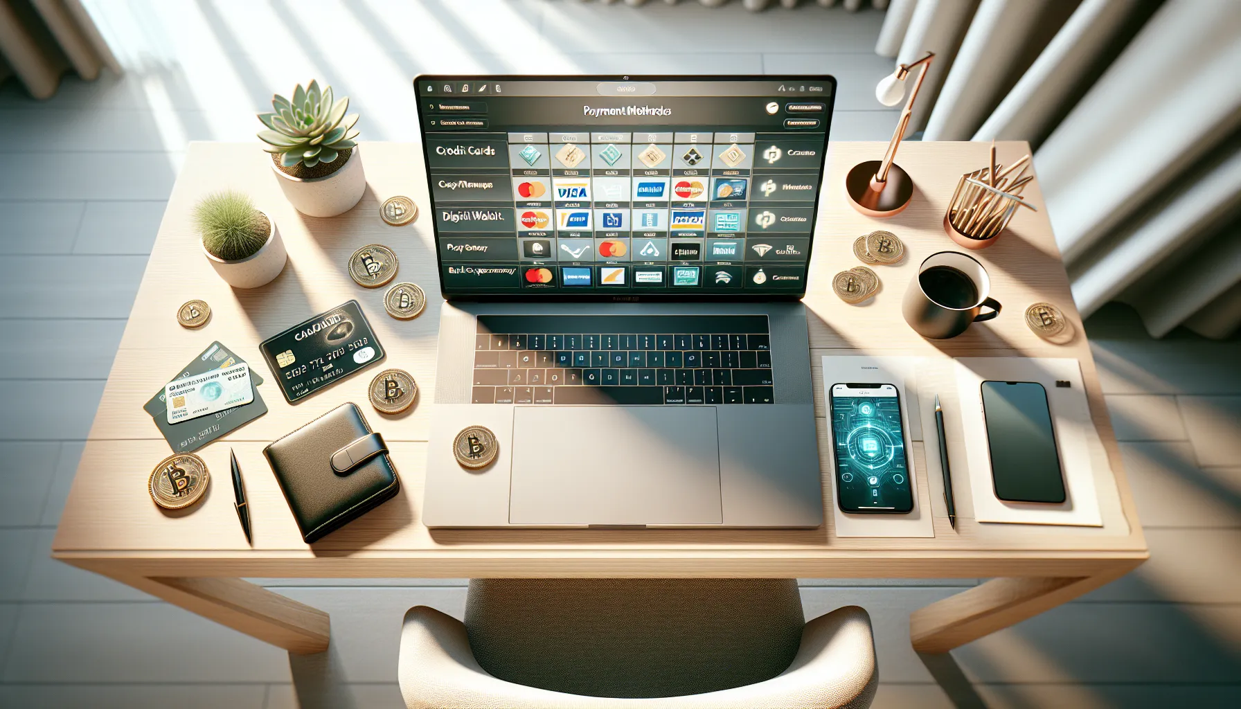 Laptop displaying payment method comparison chart with credit cards and digital wallet options