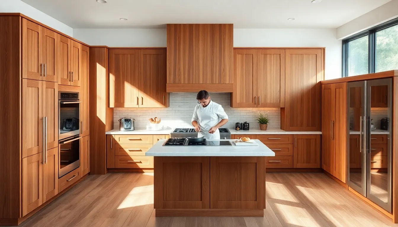stylish kitchen with oak cabinets and a chef at the island.