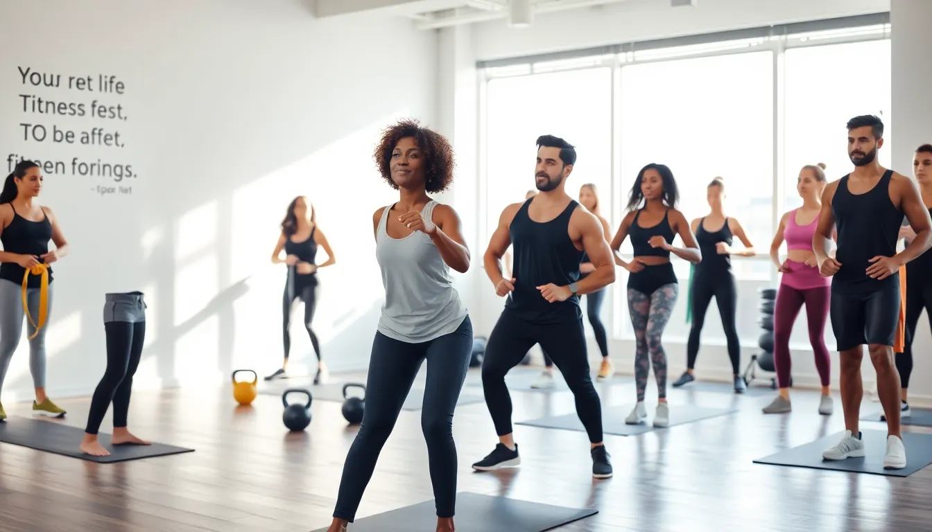 diverse fitness instructors leading a training session in a modern studio.
