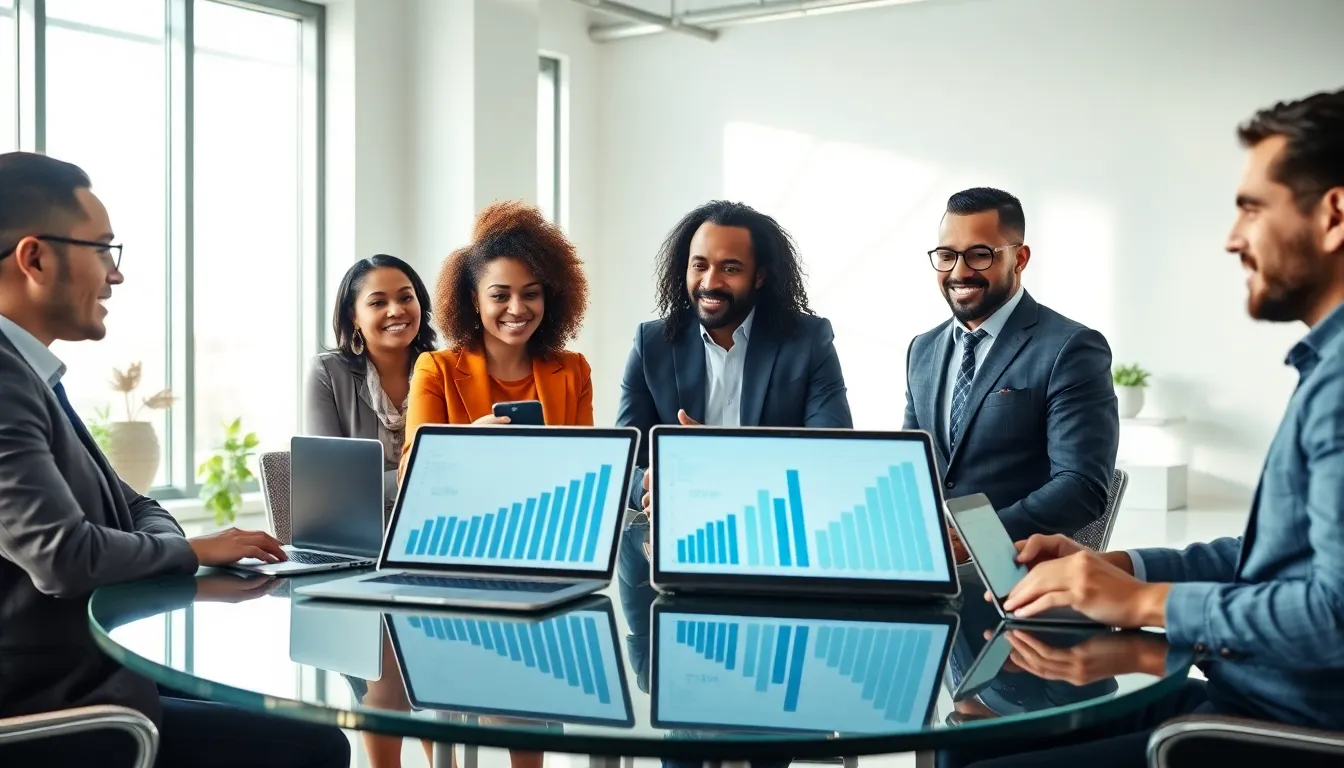 diverse team collaborating in a modern office on leadership and growth.