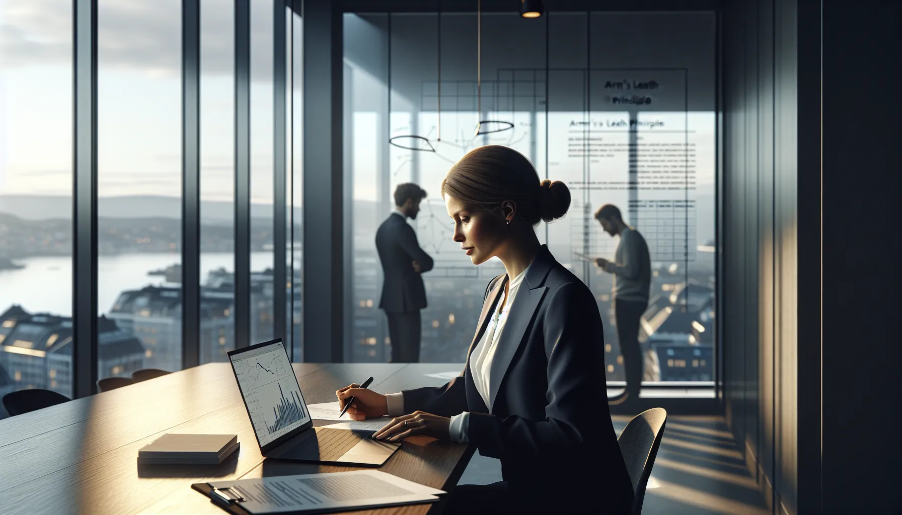 Norwegian businesswoman analyzes financial scenarios and contract terms in a modern oslo office.