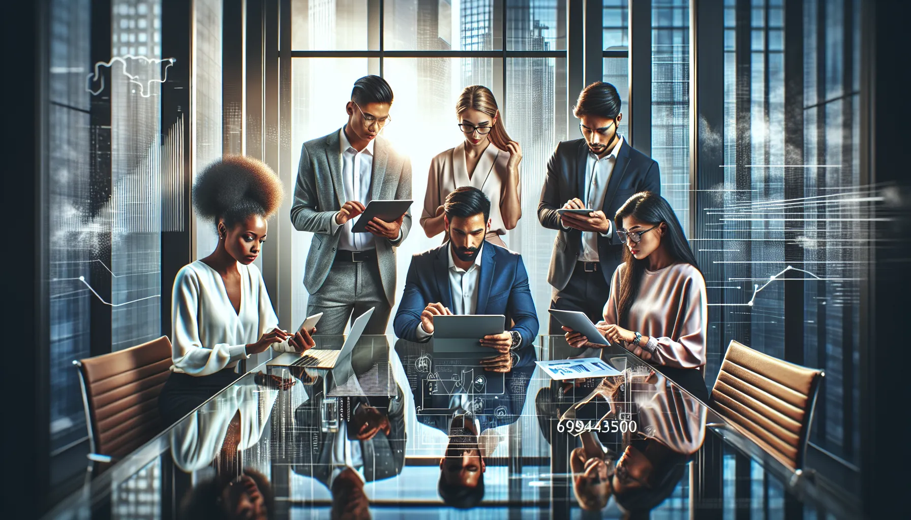 diverse professionals discussing technology and identifiers in a modern office.