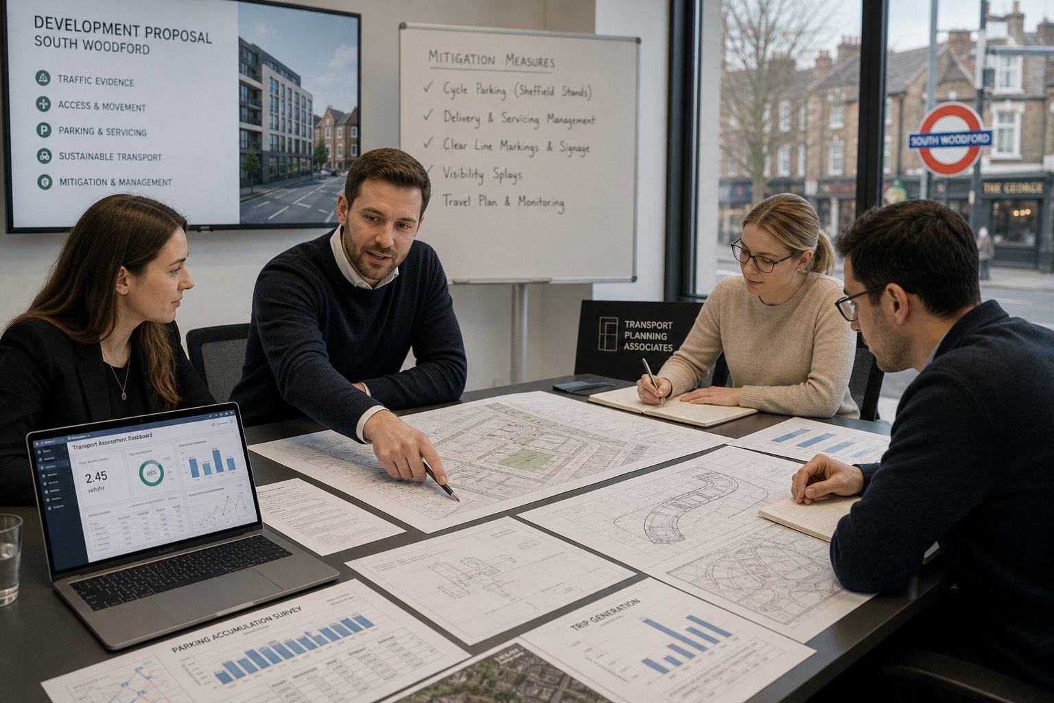Traffic engineer reviewing planning and transport evidence with a professional team.