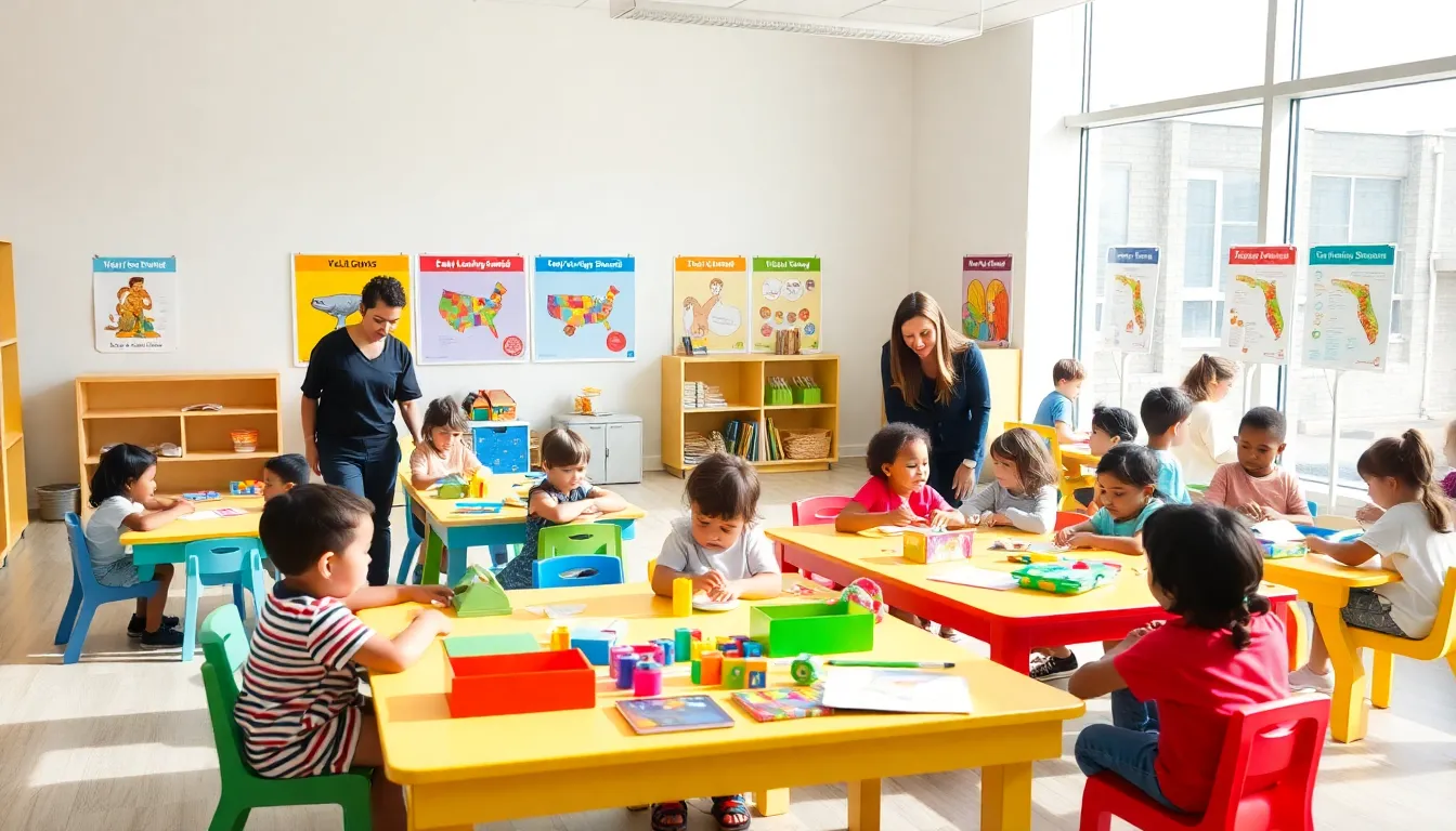 diverse children learning in a modern classroom.