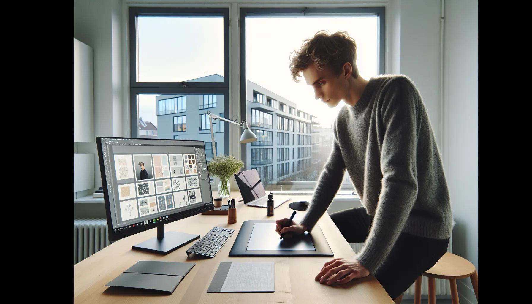 Norwegian designer using multiple ai tools on screens for digital art and ux design.