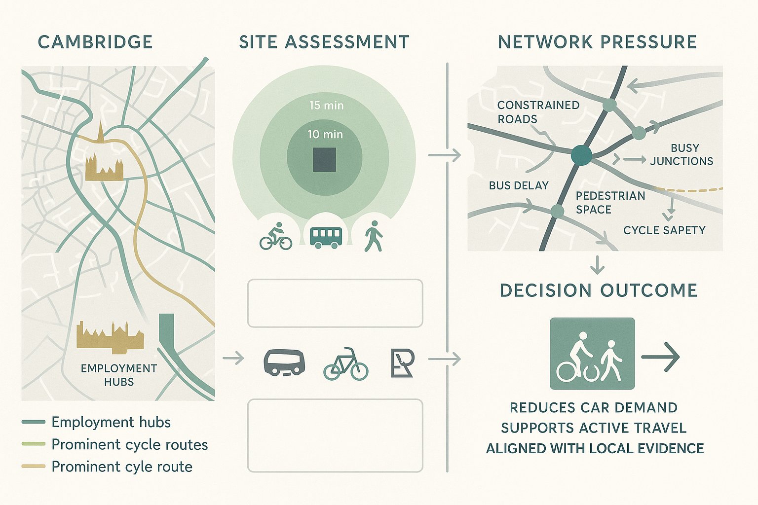 Infographic showing how Cambridge travel patterns affect development and transport decisions.