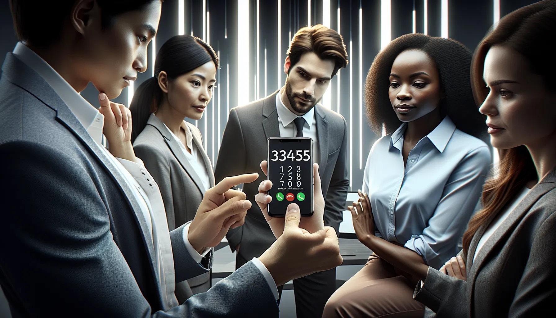 diverse professionals discussing an unknown phone number in a modern office.