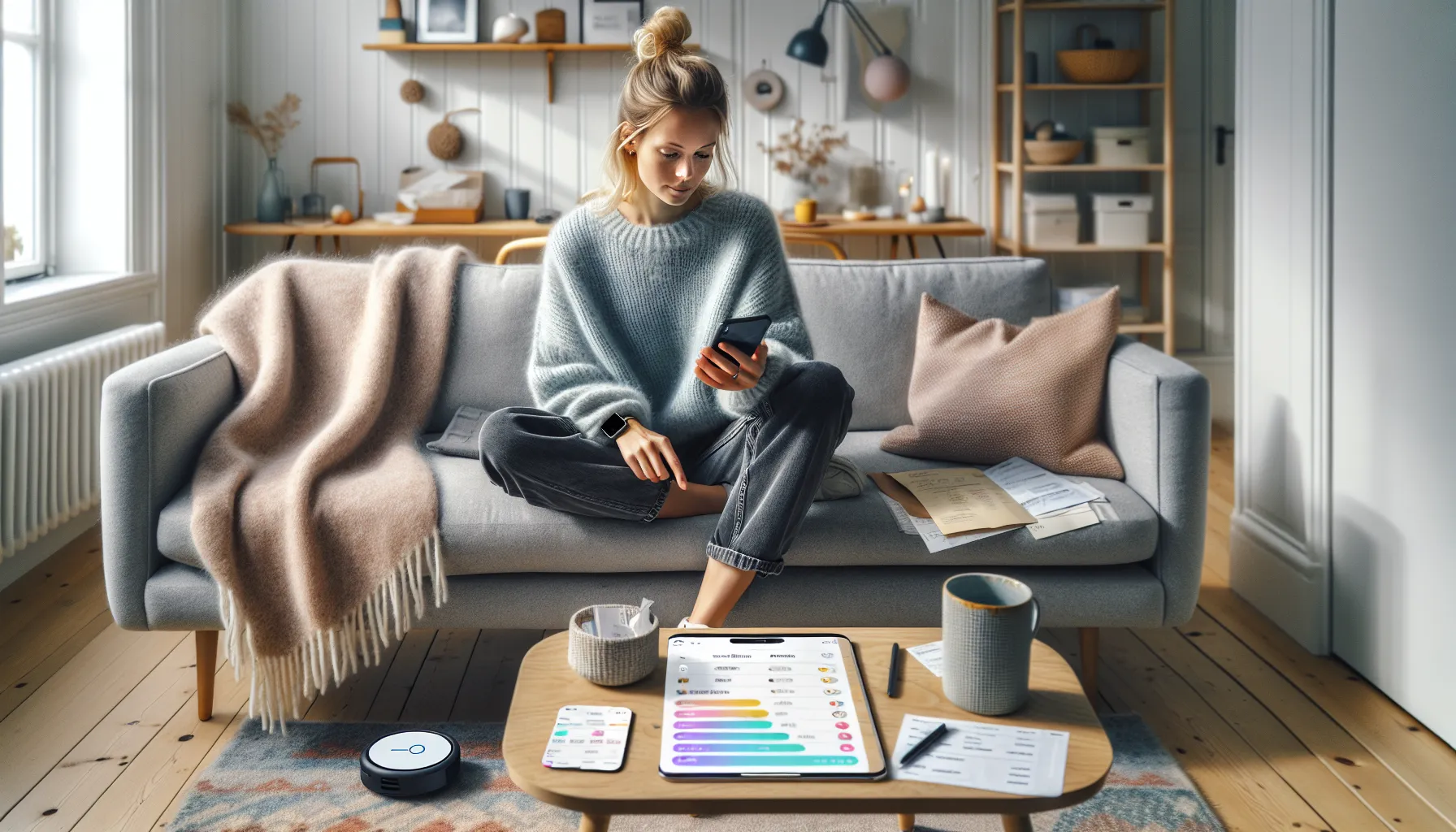 Hvordan bruke teknologi for å forbedre hverdagen din 3 Norwegian woman using apps and smart devices to simplify everyday home routines.