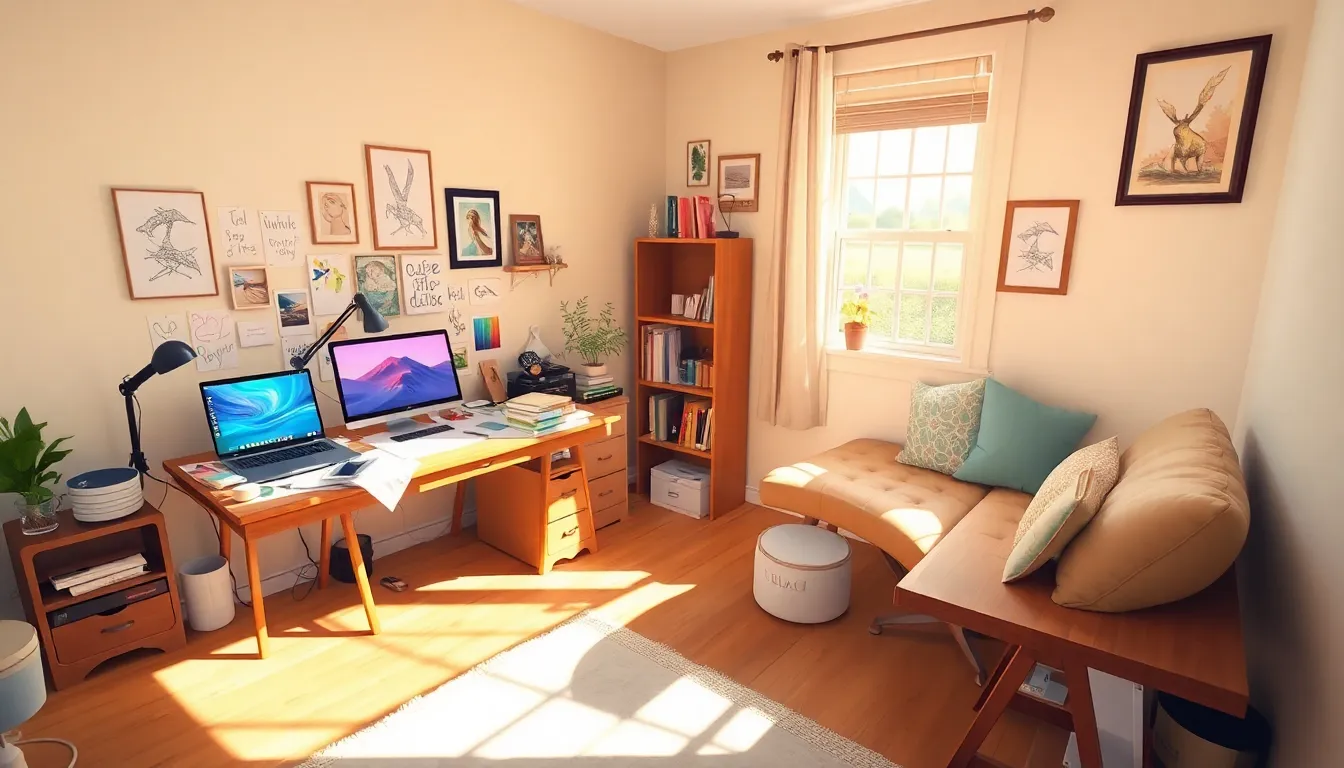 Artistic workspace with sketches, books, and a laptop.