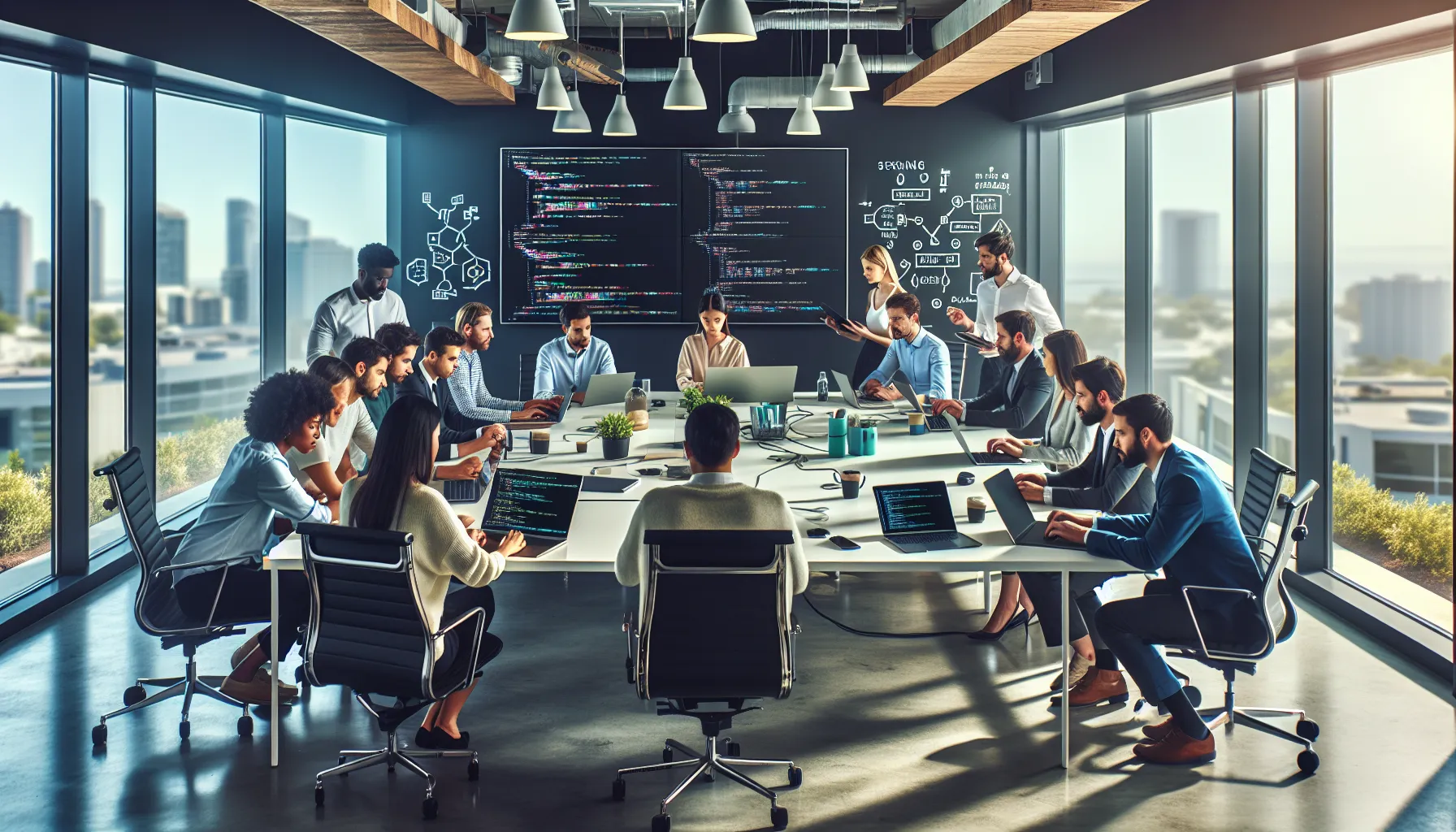diverse developers collaborating in a modern office setting.