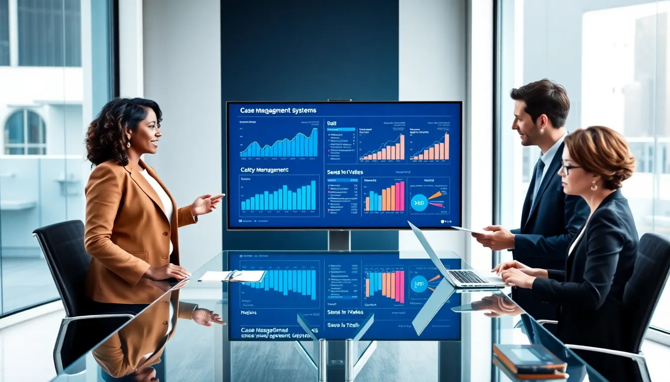 diverse legal professionals discussing legal tech solutions in a modern office.