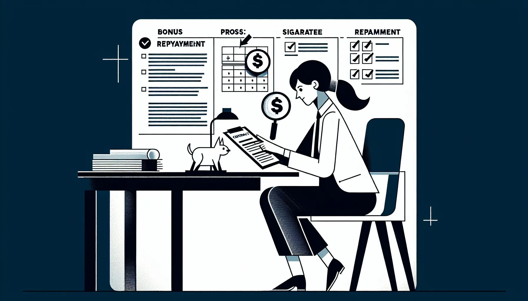 Veterinarian at desk reviewing a bonus and repayment clause with magnifying glass.