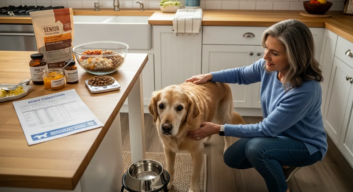Woman checking senior dog’s body and measuring a tailored nutritious meal.