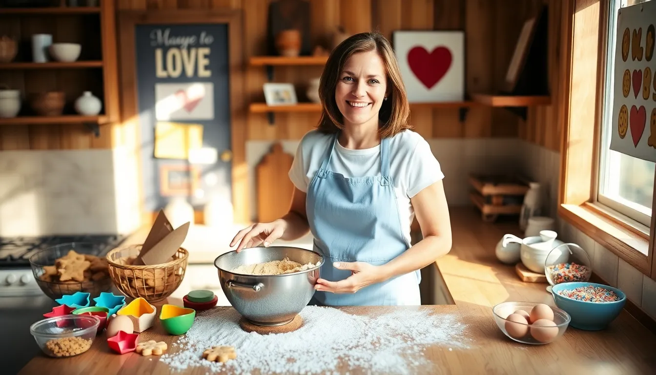 Mary baking cookies in her cheerful kitchen filled with love.