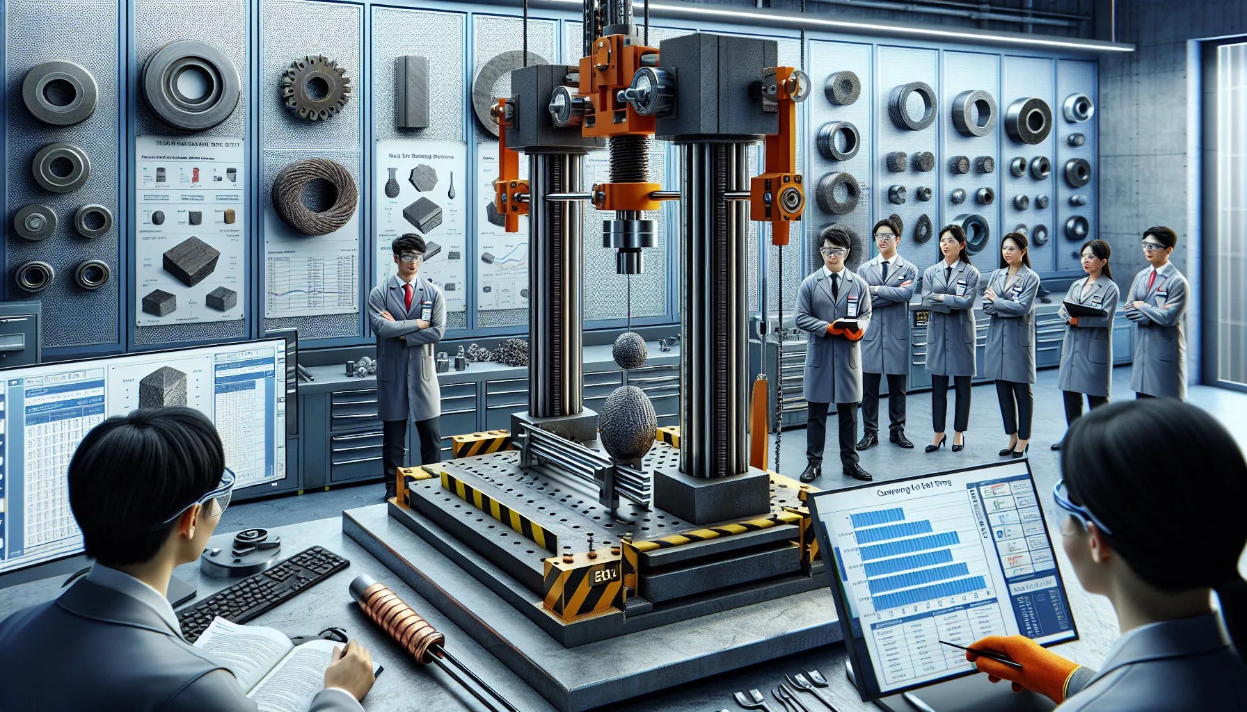 A tensile strength test being conducted on iron and steel samples in a laboratory.