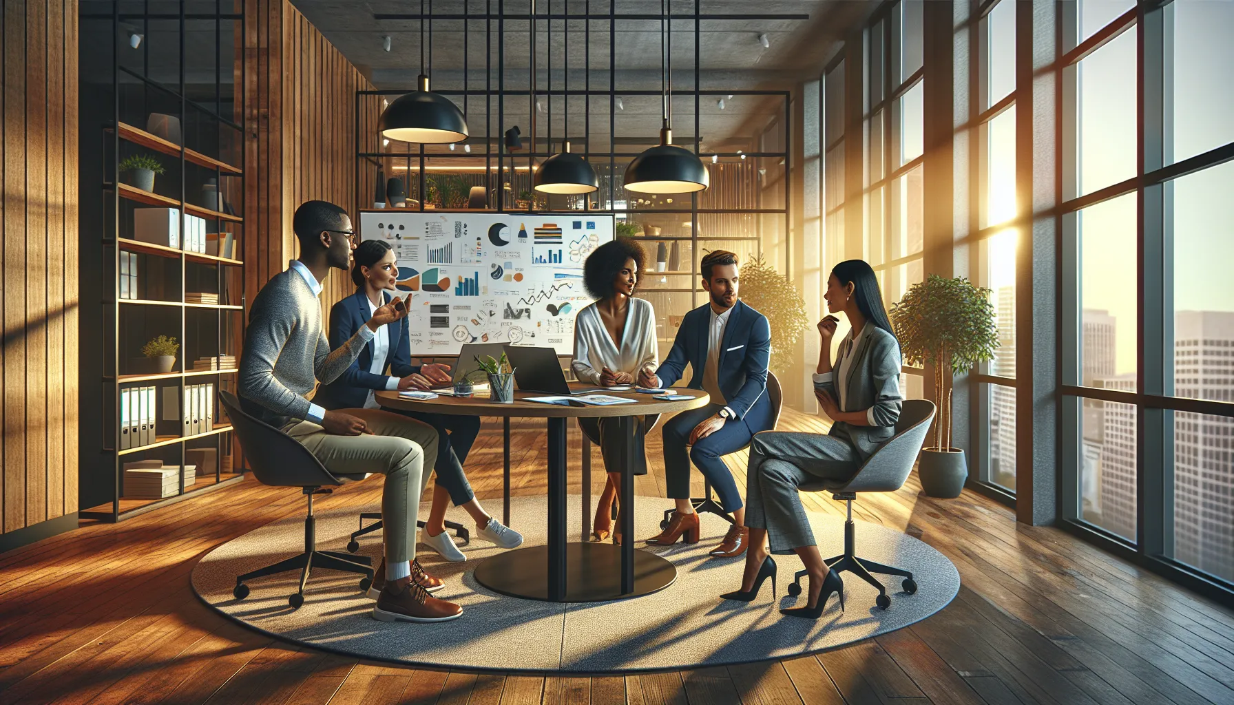 diverse professionals collaborating in a modern office environment.