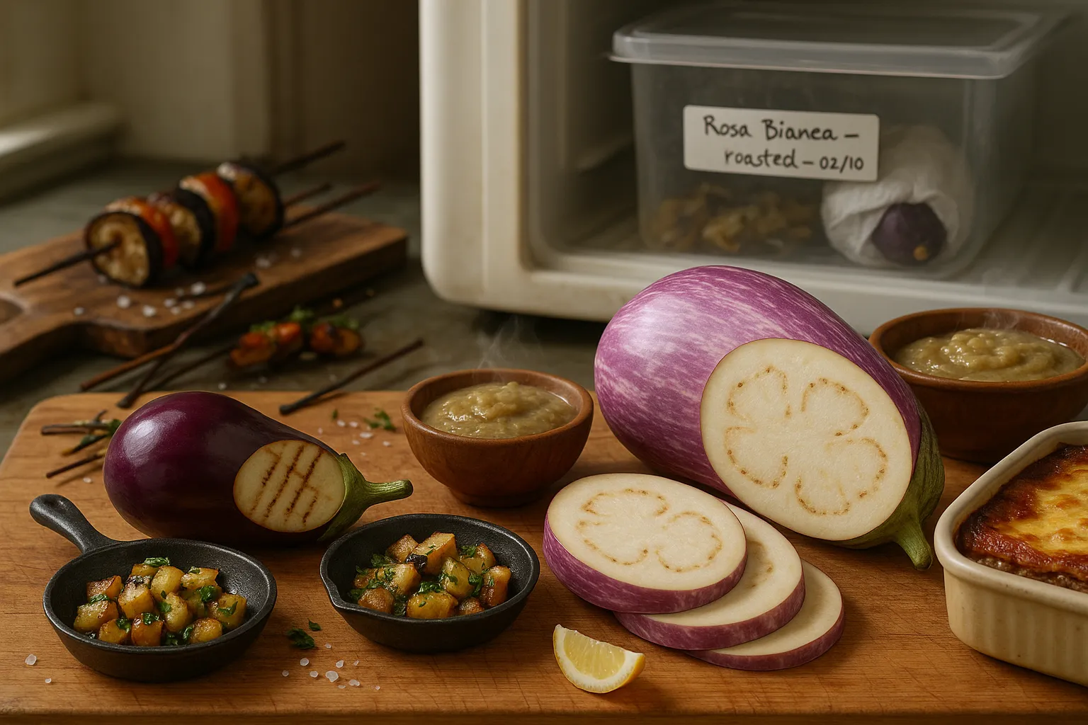 two aubergines—compact and standard—on a cutting board with cooked dishes