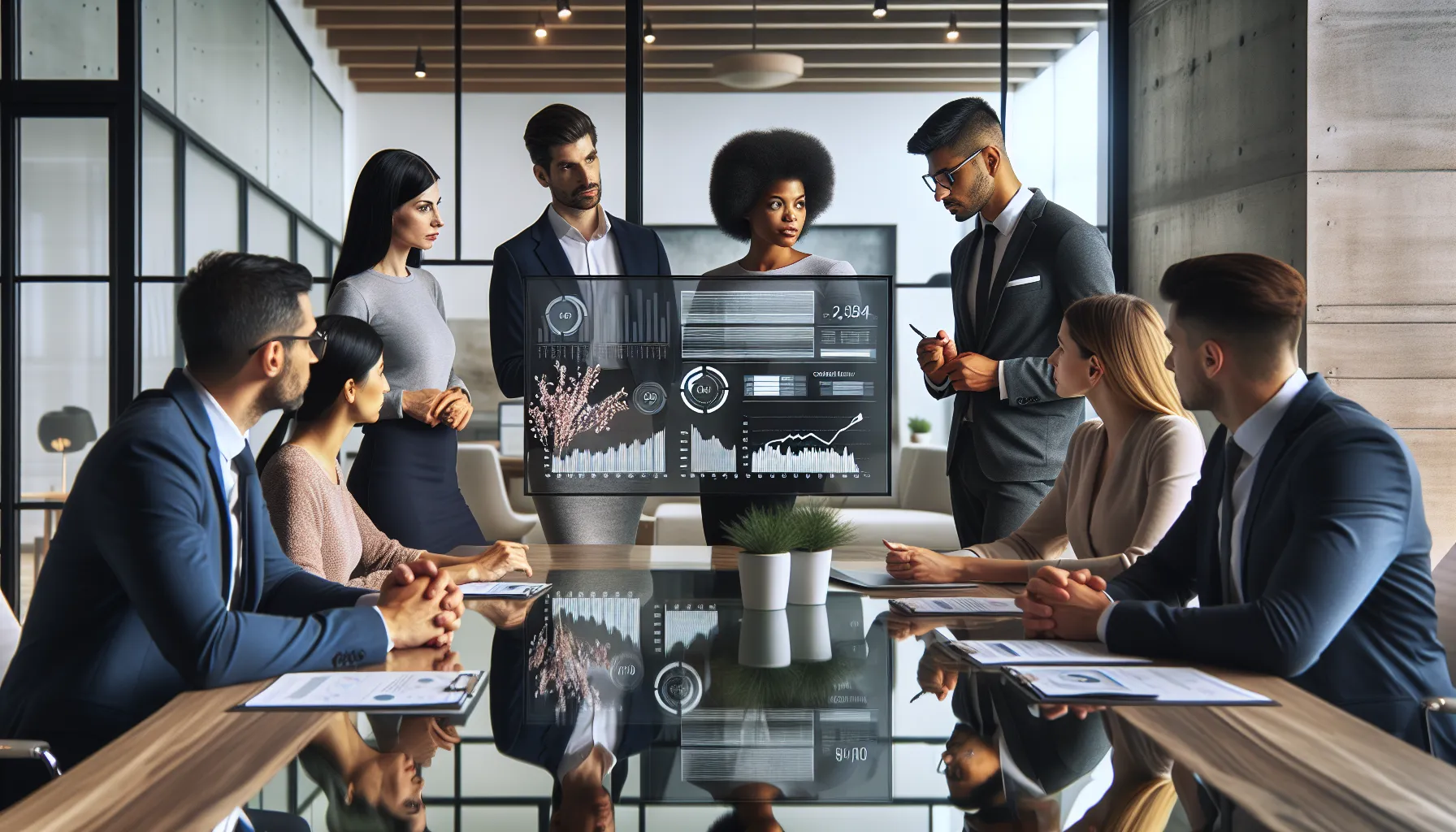diverse team discussing credit history in a modern office.