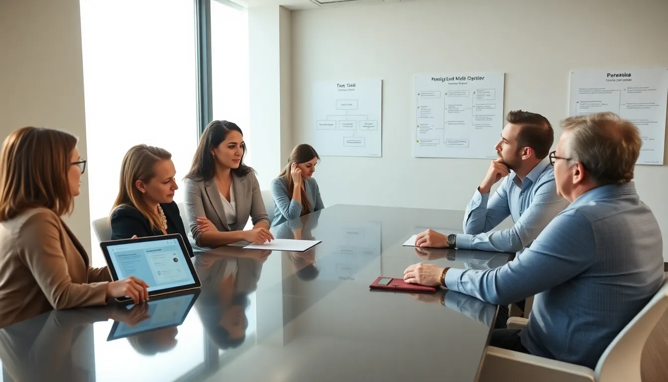 professionals discussing parenting strategies for DMDD in a modern office.