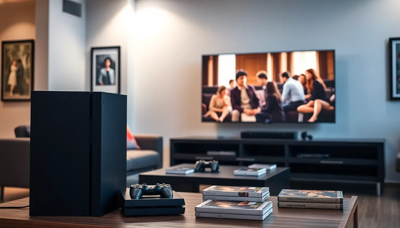 PlayStation 4 in a modern living room with a TV and DVDs.