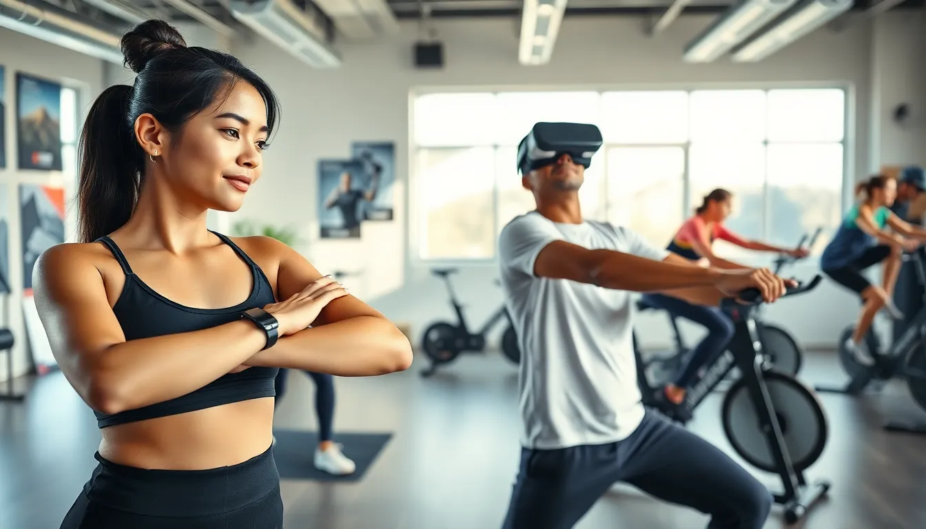 diverse group using wearable devices in a modern fitness studio.