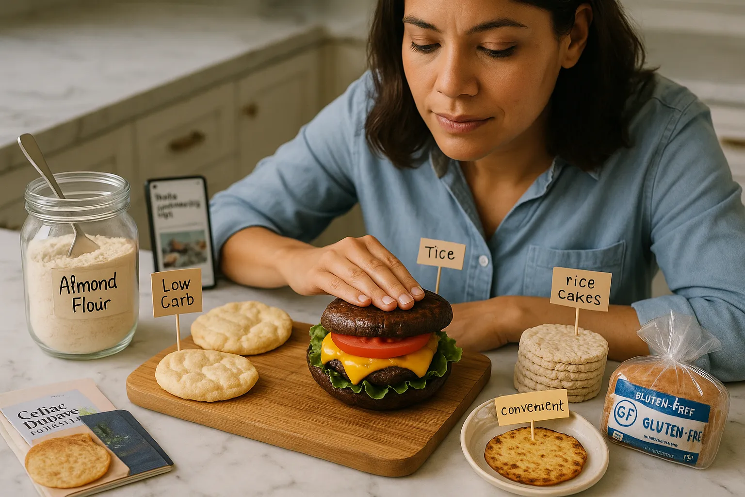 hand pressing a portobello mushroom burger among various bread substitutes