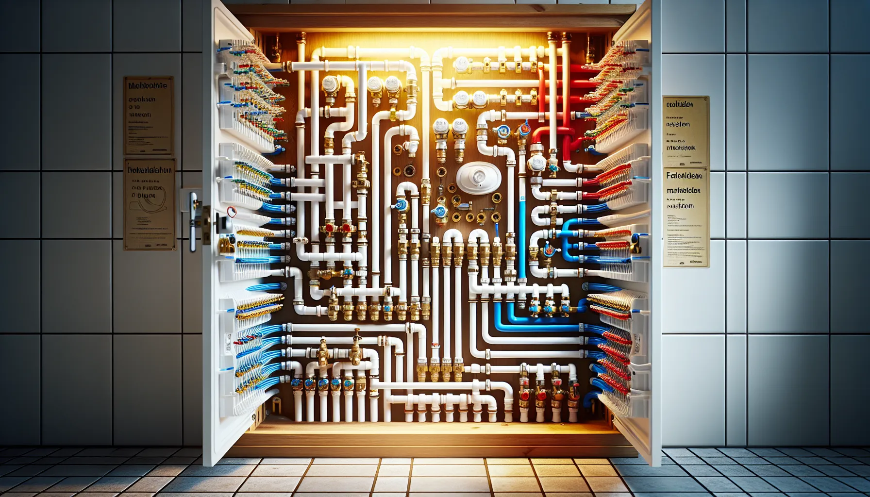 Slik installerer du et vannbesparende rørsystem i hjemmet ditt en side dedikert til rør, rørsystemer og rørteknologi 3 Open norwegian manifold cabinet with zoned pex loops, prv, and leak sensor.
