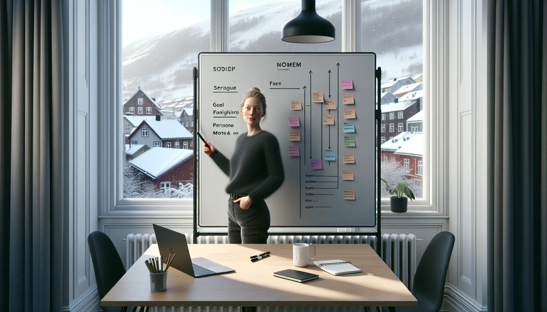 Hvordan lage en effektiv markedsføringsstrategi for små bedrifter 2 Norwegian small business owner mapping smart goals and personas on a whiteboard.