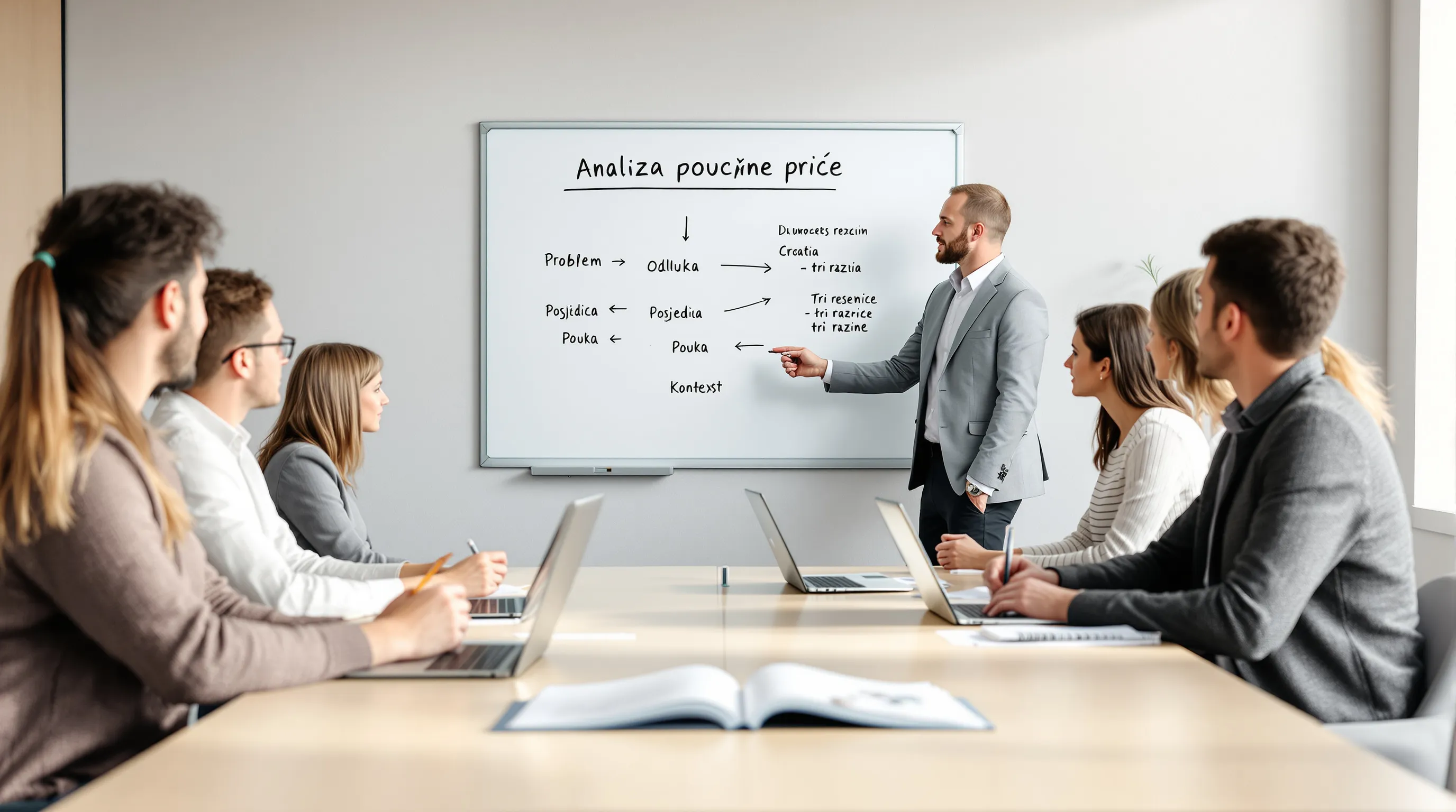 Instructor explains didactic story analysis using Croatian flowchart in modern classroom.